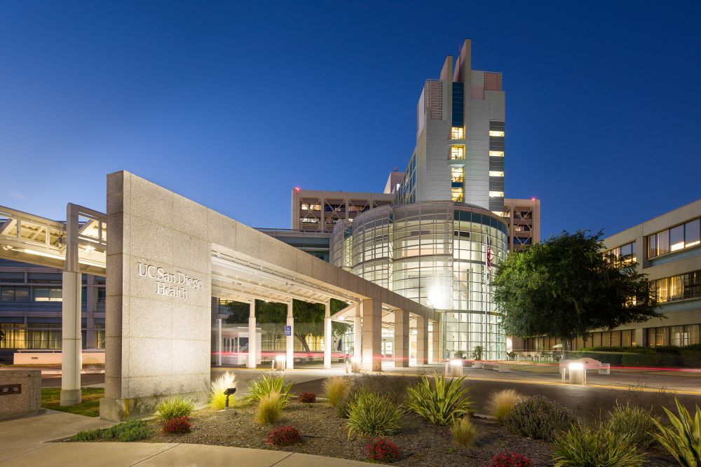 UC San Diego Health Hillcrest facility at dusk