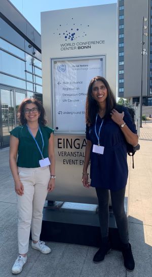 UC Center for Climate, Health and Equity leaders Arianne Teherani, Ph.D., founding co-director, and Sapna Thottathil, Ph.D., managing director at the Bonn SB58 climate conference