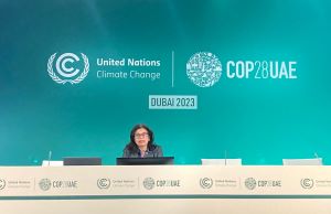 UC Center for Climate, Health and Equity Arianne Teherani, Ph.D., founding co-director, giving remarks at COP28 in Dubai
