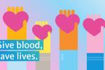 Illustration of hands holding hearts with text saying "give blood, save lives."