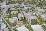 Overhead rendering of new Aggie Square with buildings and green trees