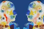 A watercolor showing two abstract human heads facing each other.