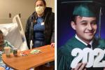 (l)Young man sits up in hospital bed with his mother standing at his bedside, (r) Young man in green cap and gown holding white sign that says “2023”