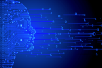 A blue abstract image of a face with digital binary numbers