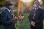 President Drake talks with newly appointed Kelly Presidential Chair in Vitreoretinal Science Paul Sieving.