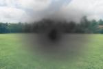 A green field with trees in the distance. A grey blurry area in the middle obscures the image. 