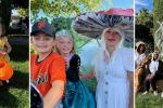 A series of three photos of people at a Halloween event. A woman, young girl and dog dress as a clock, beauty and beast, a group of women dress in furry animal suits and a woman wears a red mushroom hat next to a boy dressed as a baseball player and a girl dressed as a princess.