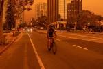 A bicyclist is shown biking on a street in Oakland, California, on a very smoky day.   