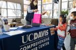 Cancer center logo on table with mother and two children receiving gift.
