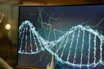 Scientist pointing to a screen with a DNA helix