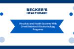 A rectangle with blue border and two blue dots in each corner, with writing at the top that states Becker's Healthcare. 