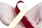 Head and neck cancer awareness ribbon (burgundy and ivory) held in hand on white background