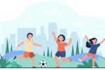 Colorful illustration of three children playing soccer with green hills and a city skyline behind them.