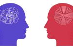 Blue and red outlined heads with circles in the area of the brain