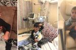 Three photos of a toddler. Left-boy with his shirt up exposing his chemo port. Center-boy sitting in a hospital bed. Right-boy getting treatment at the cancer center