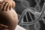 Pregnant woman holding belly with DNA strand background