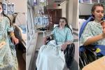  Three photos of a teen girl: Sitting in hospital bed with Doritos on her lap, Sitting in wheelchair with IV pole behind her, Playing Uno, holding cards in hand
