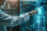 A scientist in a lab coat interacts with a glowing blue digital data stream, representing advanced technology and scientific discovery.