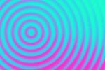 An abstract image in blues, greens and pinks and purples of circular ripples. 