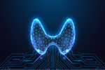 Glowing thyroid gland emerging from circuit-board lines.