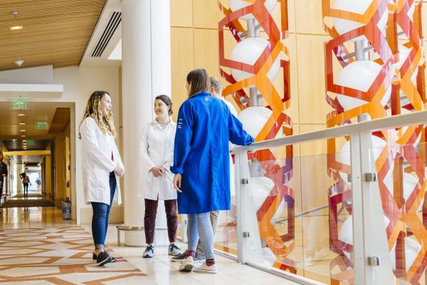 Providers talking in hospital lobby