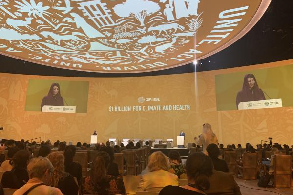 Speakers at the podiums at COP28 with text on screen saying "$1 Billion for Climate and Health"