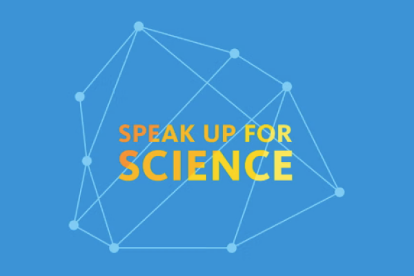 Image of a white constellation on a blue background with yellow lettering that says "Speak Up for Science"