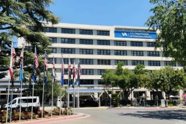 image taken of the Fresno VA medical center surrounded by trees