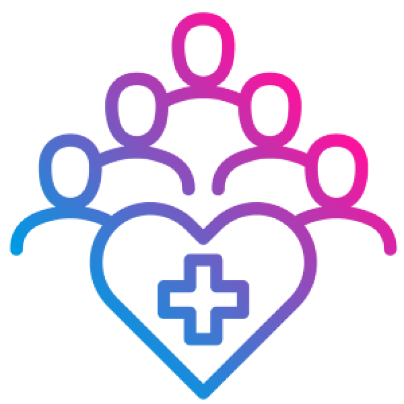 Illustrated icon of a group of people surrounding a heart with a medical cross. Lines are colored in a purple and pink gradient