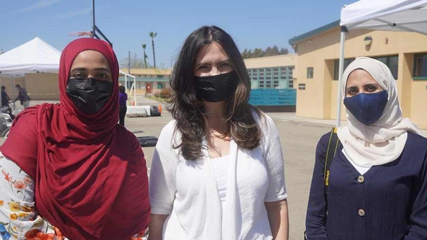 Photo of Amina Sheik Mohamed, founding director of the Refugee Health Unit, Blanca Melendrez, executive director for the Center for Community Health and community engagement liaison to the Altman Clinical and Translational Research Institute at UC San Diego, and Reem Zubaidi, manager of the Refugee Health Unit.