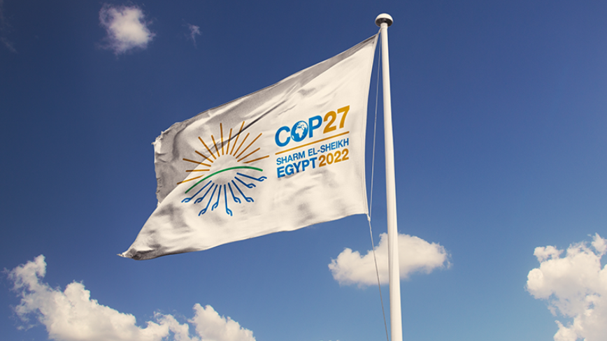Credit: Shutterstock/rafapress. Photo of the official flag for the 27th Conference of the Parties, or COP27, a United Nations climate summit to be held from Nov. 8 to 16 in Sharm El-Sheikh, Egypt.