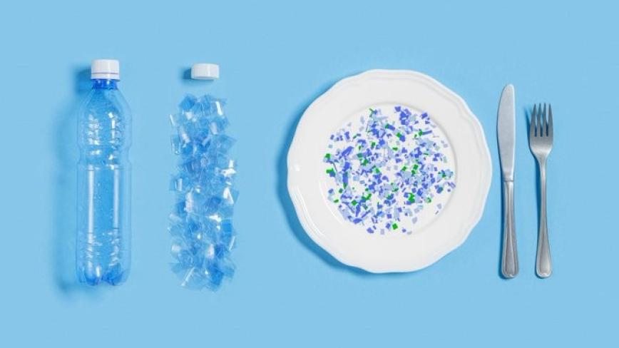 Image of a plastic water bottle, a plastic bottle in pieces and pieces of microplastic on a dinner plate next to a knife and fork