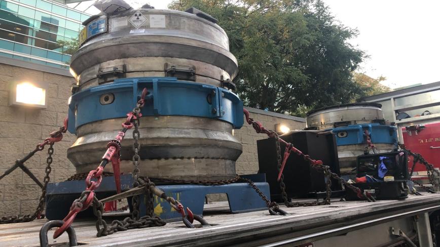 Irradiator equipment on a truck being removed from a UC facility
