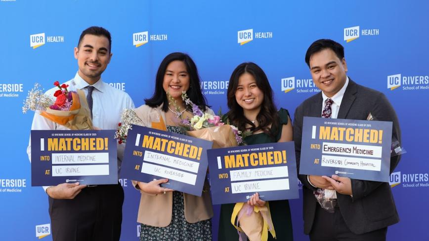 image of medical students holding signs that say "I matched!" in front of a UC Riverside backdrop
