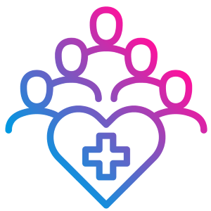 Illustrated icon of a group of people surrounding a heart with a medical cross. Lines are colored in a purple and pink gradient