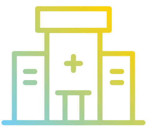 Illustration of a hospital building with a medical cross on front