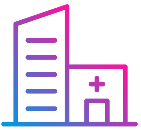 Illustration of a hospital building with a tower and shorter building with a medical cross