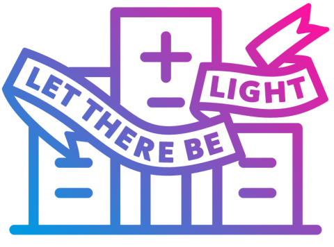 Icon of a UC hospital with a banner saying Let There Be Light