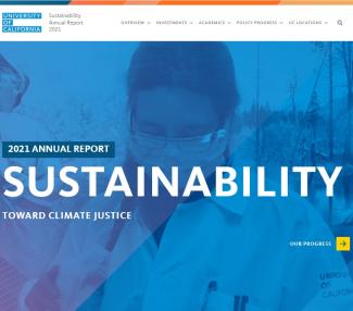 Cover page of UC Sustainability Annual Report 2021 with image of a UC researcher and text saying "Toward Climate Justice"