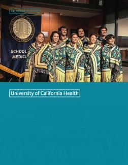 Cover of 2022 UC Accountability Report UCH Chapter showing the inaugural American Indian Medical Student Blessing and Blanket Presentation at UC San Diego School of Medicine.