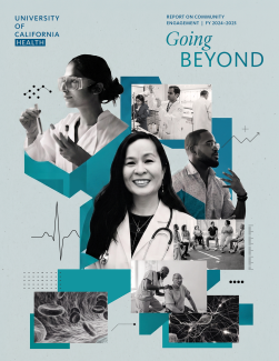 Cover image of the UC Health Community Engagement Report on a teal background with images of healthcare professionals and health icons