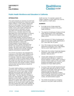Cover of the Public Health Workforce and Education in California report