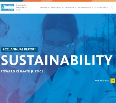Cover page of UC Sustainability Annual Report 2021 with image of a UC researcher and text saying "Toward Climate Justice"