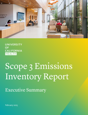 UC Health scope 3 emissions inventory report executive summary cover with image of hospital waiting room, yellow green gradients and date of February 2025